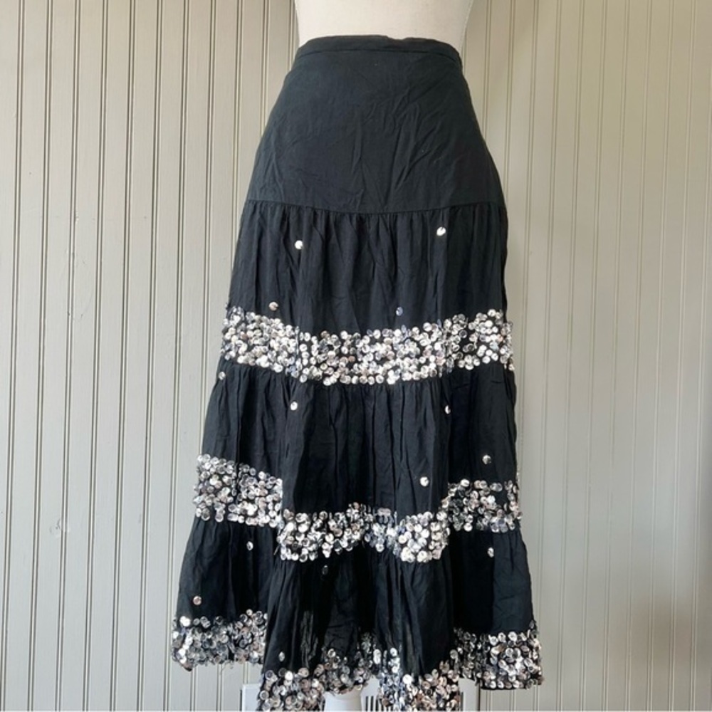 Raviya Boho Tiered Flouncy Full Skirt Black with sequins